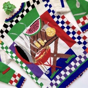 Berek 80s 90s Vintage Long Cardigan Sweater 3D BBQ Barbecue Picnic Food Novelty